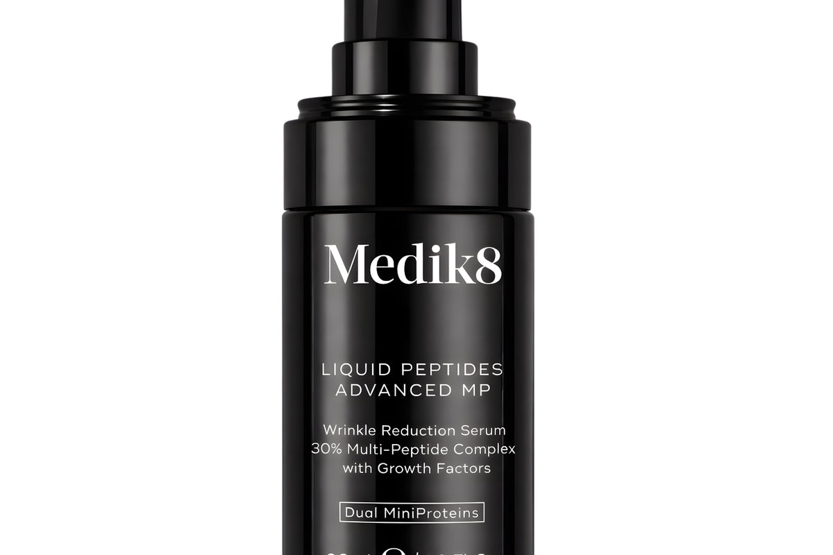 Medik8 Liquid Peptides Advanced MP 30ml wrinkle reduction serum in a black airless pump bottle, front view