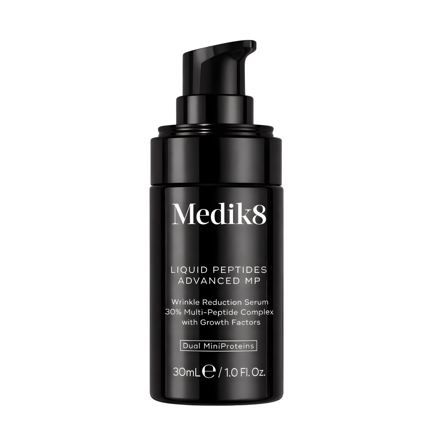 Medik8 Liquid Peptides Advanced MP 30ml wrinkle reduction serum in a black airless pump bottle, front view