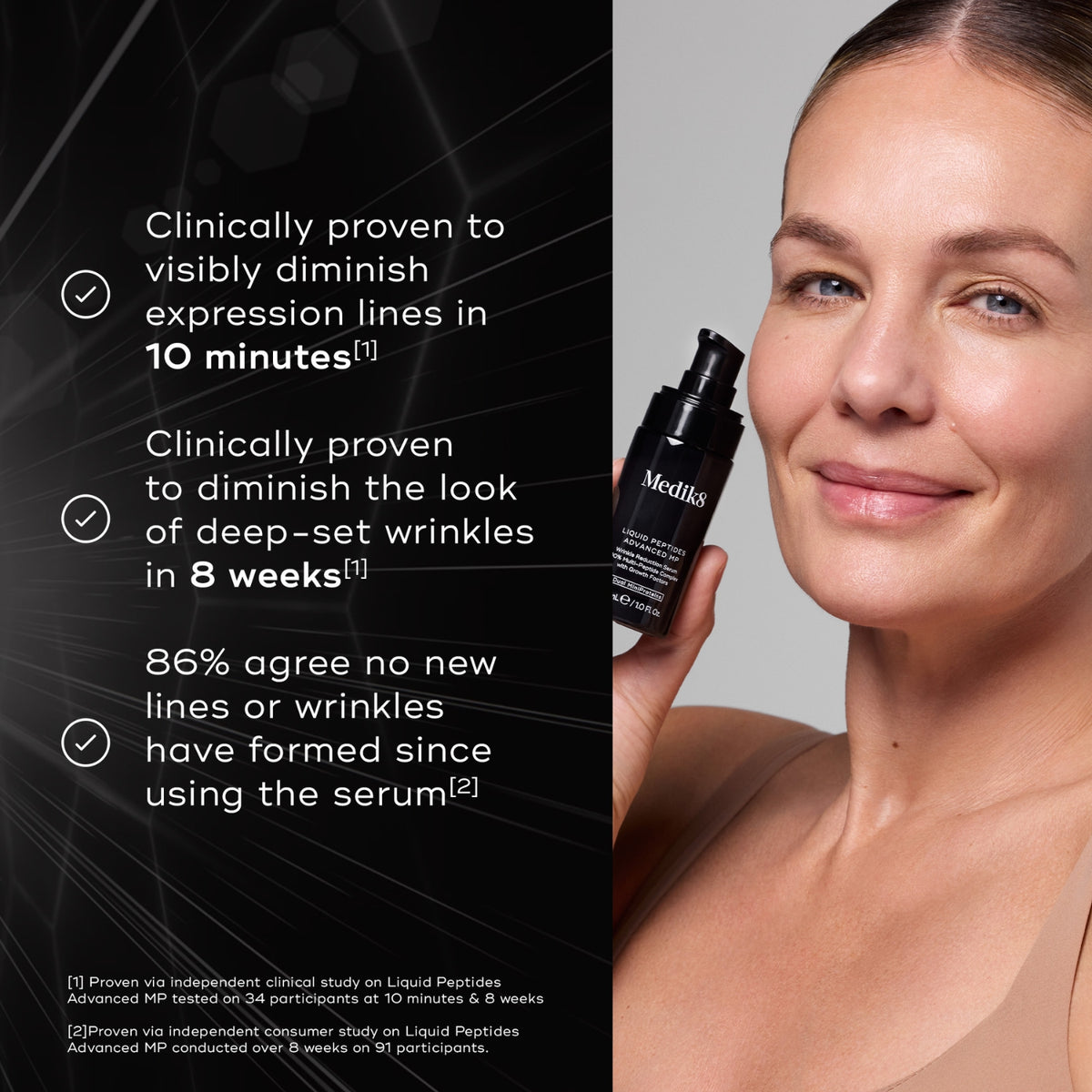 Smiling woman holding Medik8 Liquid Peptides Advanced MP serum alongside clinical results claims