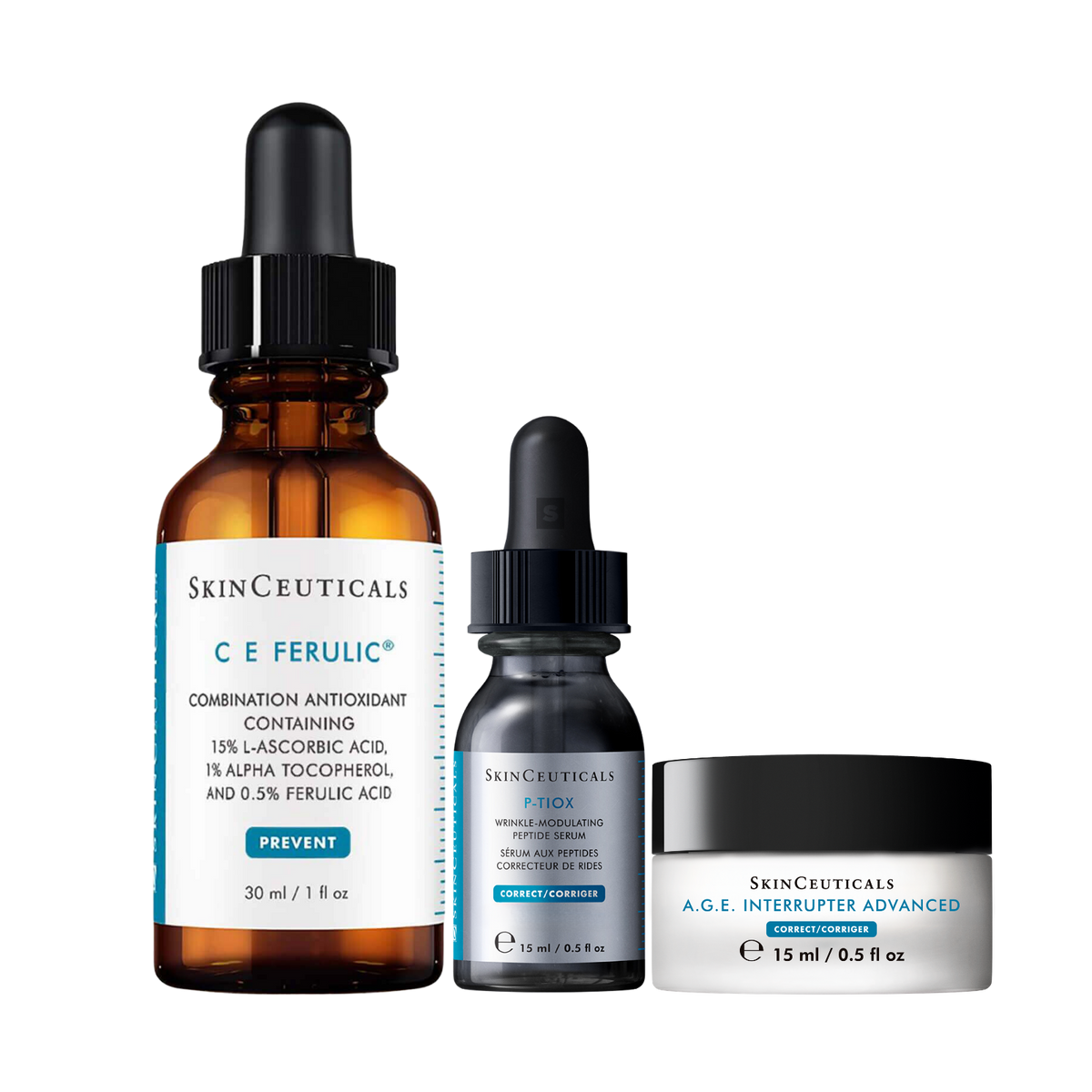 SkinCeuticals Ageless Double Up Bundle with C E Ferulic 30ml, P-TIOX 15ml and A.G.E. Interrupter Advanced 15ml
