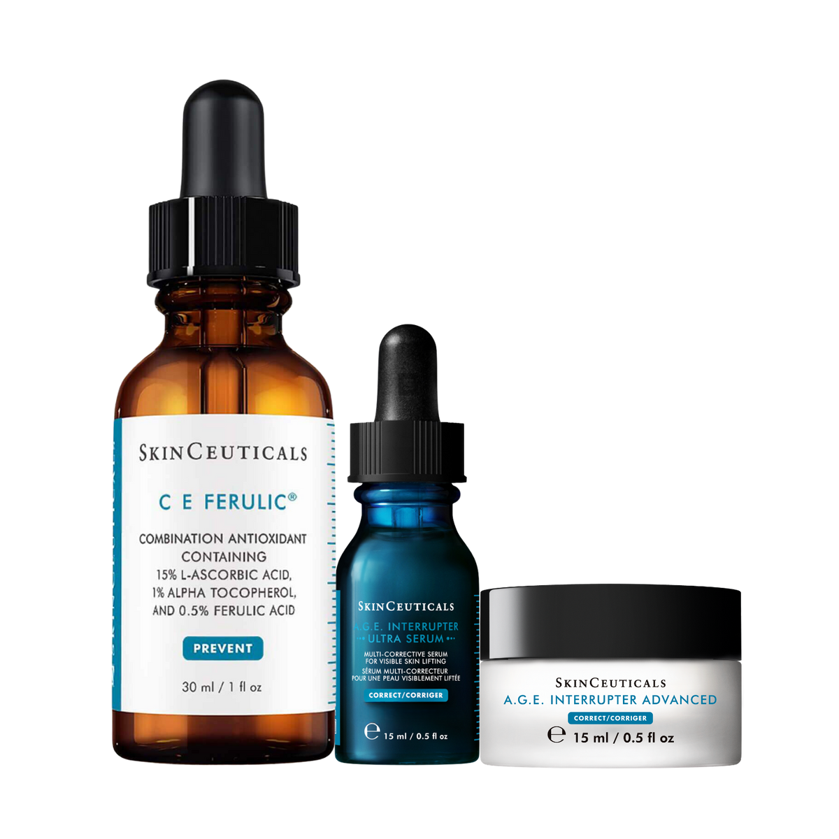 SkinCeuticals Moisture Double Up Bundle with C E Ferulic 30ml, A.G.E. Interrupter Ultra Serum 15ml and A.G.E. Interrupter Advanced 15ml