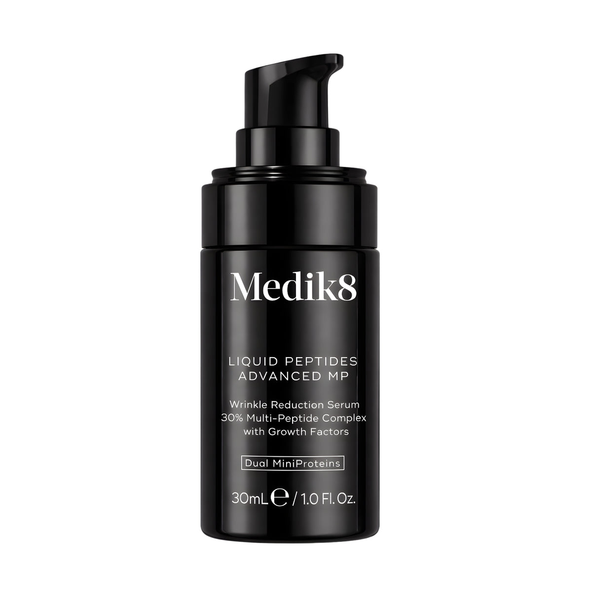 Medik8 Liquid Peptides Advanced MP 30ml wrinkle reduction serum in a black airless pump bottle, front view