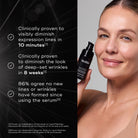 Smiling woman holding Medik8 Liquid Peptides Advanced MP serum alongside clinical results claims