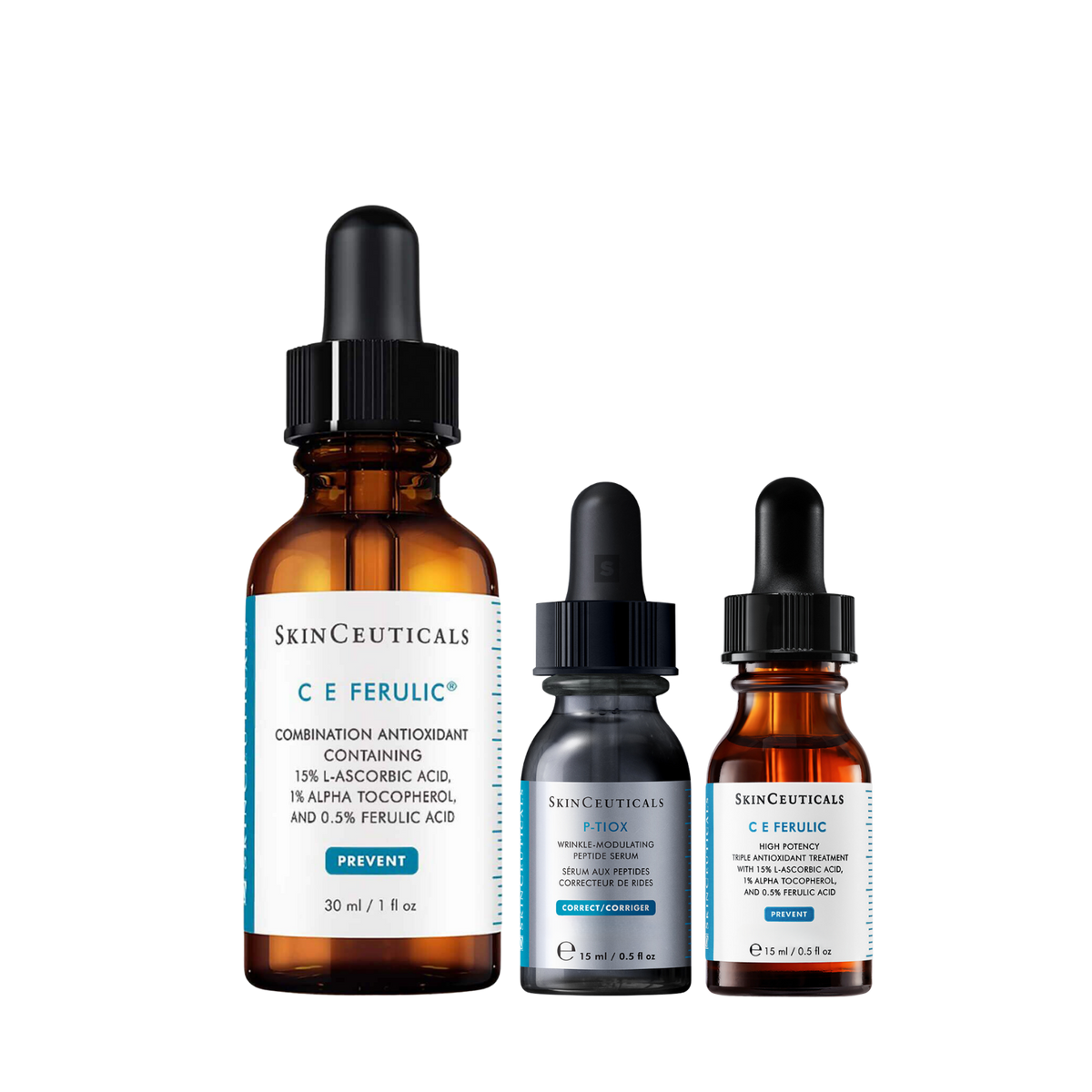 SkinCeuticals Dewy Double Up Bundle with C E Ferulic 30ml, C E Ferulic 15ml and P-TIOX 15ml