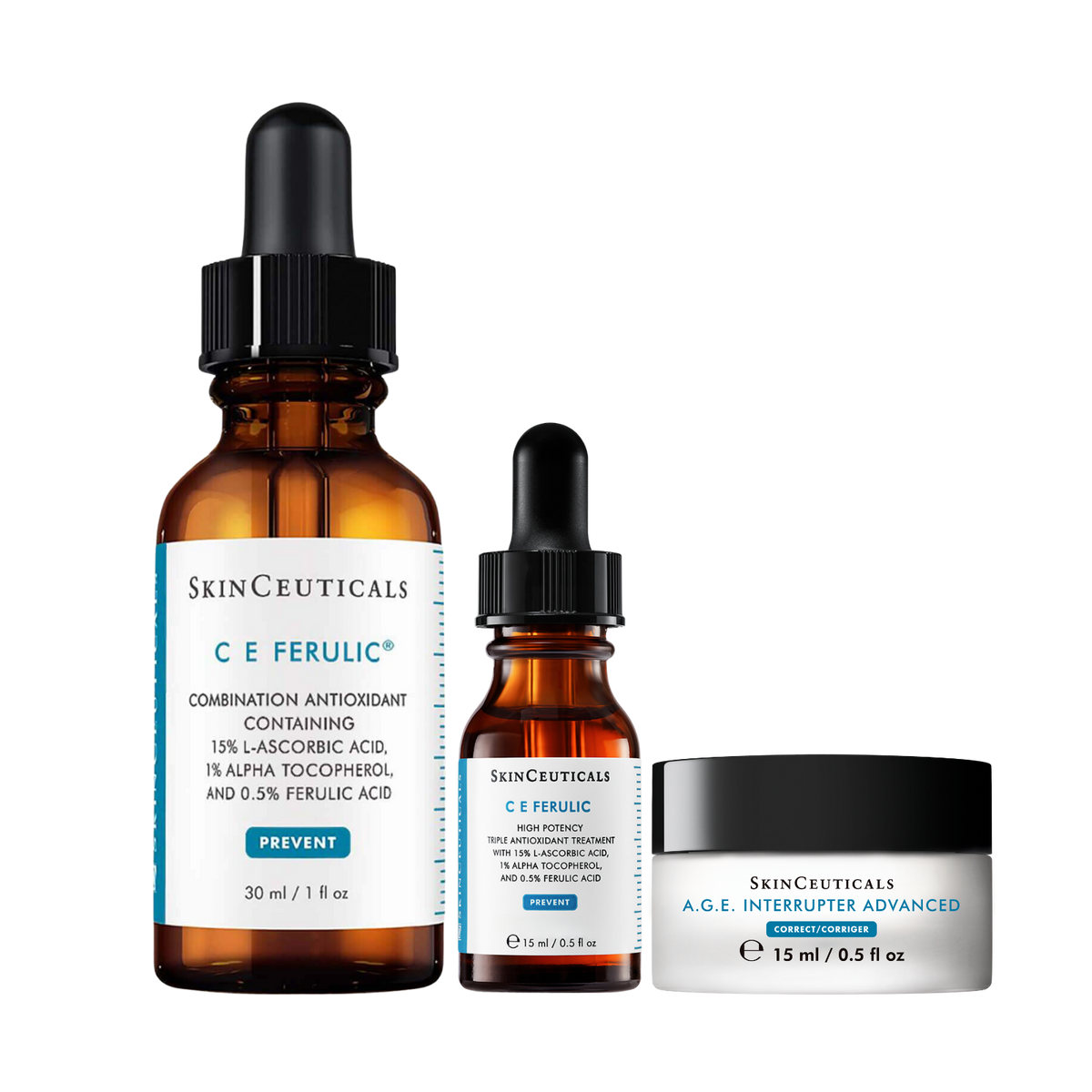SkinCeuticals Icons Double Up Bundle with C E Ferulic 30ml, C E Ferulic 15ml and A.G.E. Interrupter Advanced 15ml
