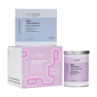 Advanced Nutrition Programme Skin Accumax Biome Duo gift box in white and pink, shown with a lilac Skin Accumax tin and a pale blue Skin Clear Biome box on a white background.