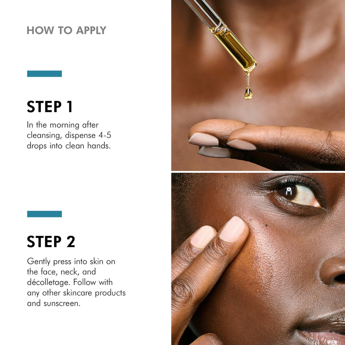 How to apply C E Ferulic: drops on fingertips, then pressed into the face (lighter skin tone)